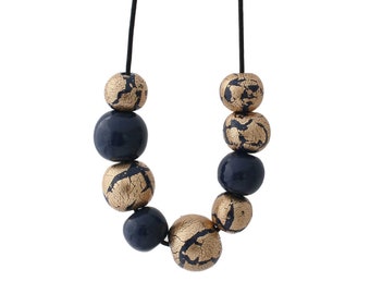 Navy Blue and Gold Statement Necklace for Women - Unique Clay Bead Statement Jewellery and Mothers Day Gifts for Her