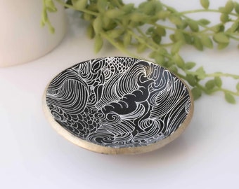 Black Small Trinket Dish or Ring Holder with Unique Wave Design in White, Decorative Home and Bedroom Accessories, Housewarming Gifts