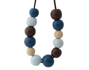 Chunky Statement Necklace for Women in Blue and Brown Hues - Unique Clay Bead Jewellery and Mothers Day Gifts for Her