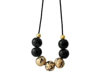 Black Bead Necklace for Women with Gold Leaf - Unique Beaded Statement Jewellery and Mothers Day Gifts for Her