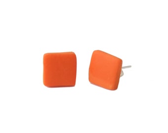 Square Stud Earrings for Women in Orange - Simple Clay Mix and Match Studs, Geometric Jewellery Gifts for Her Under 5