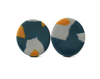 Navy Blue Stud Earrings for Women - Large Round Studs - Modern and Minimalist Clay Jewellery Gifts for Her Under 10