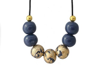 Navy Bead Necklace for Women with Gold Leaf - Modern Clay Statement Jewellery and Mothers Day Gifts for Her