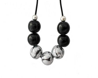 Black Bead Necklace for Women with Silver Leaf  - Modern Beaded Statement Clay Jewellery and Mothers Day Gifts for Her