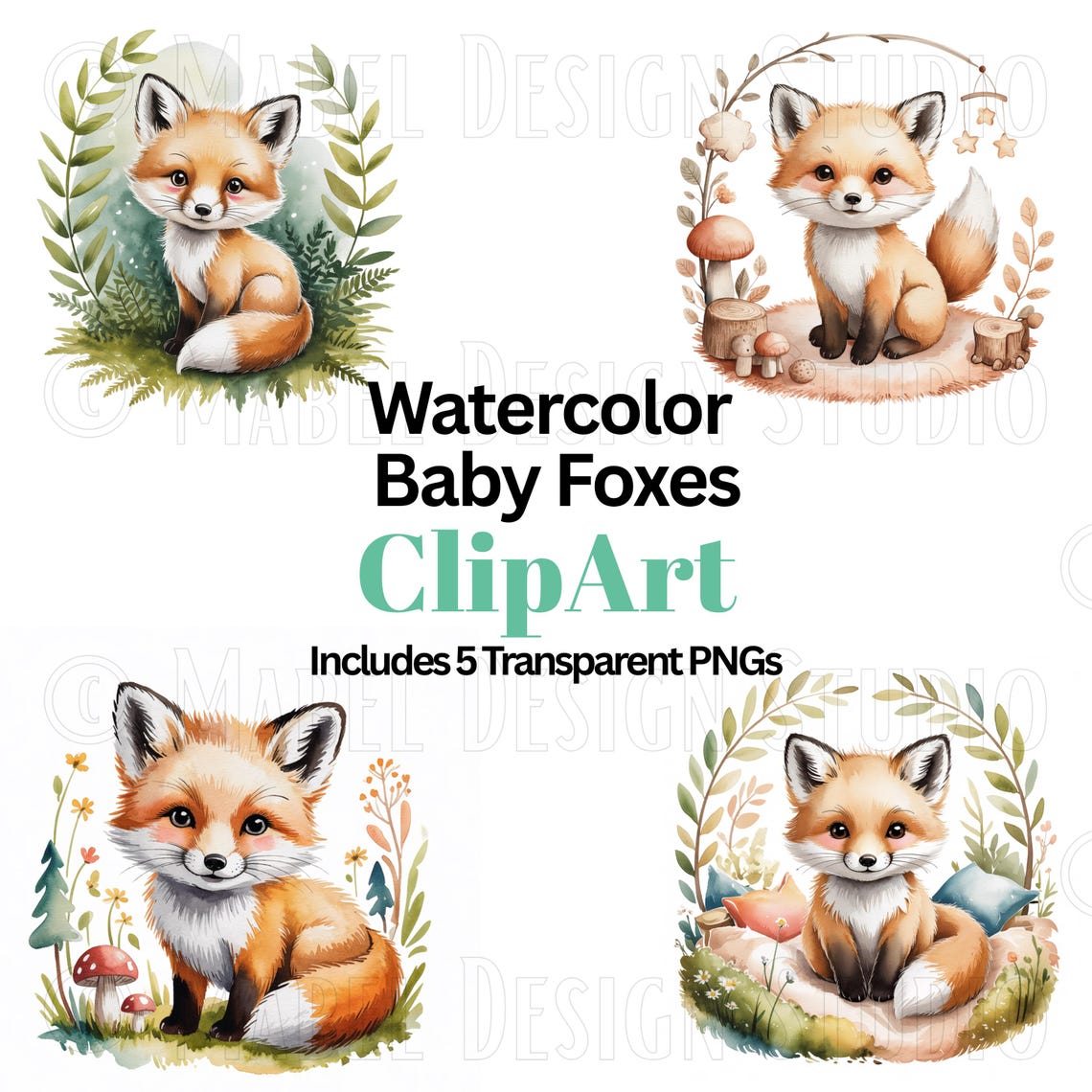 Watercolor Baby Fox Clipart | Woodland Animals PNG | Boho Nursery Foxes ...