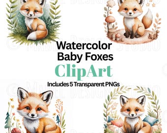 Watercolor Baby Fox Clipart | Woodland Animals PNG | Boho Nursery Foxes | Forest Animal Clip Art | Cute Fox Digital Download