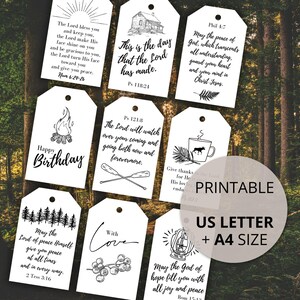 Etiquetas de regalo cristianas imprimibles con versículos y citas de la Biblia - Descarga digital (A4 y tamaño carta de EE. UU.) - Aire libre, campamento, naturaleza - Etiquetas de las Escrituras
