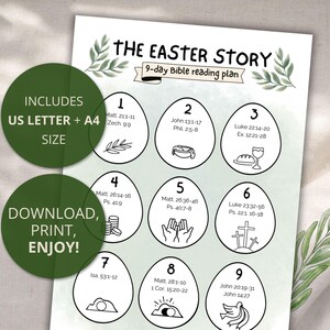 May include: A printable Easter Story 9-day Bible reading plan. The design features nine egg-shaped sections with Bible verses and illustrations. Includes US Letter and A4 sizes. Download, print, and enjoy!