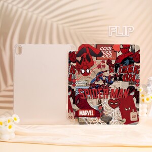 May include: A clear, flip-style tablet case with a colorful Spider-Man design. The design features Spider-Man in various poses, the Marvel logo, and the words "COOL" and "SPIDER-MAN" on a newspaper-style background.