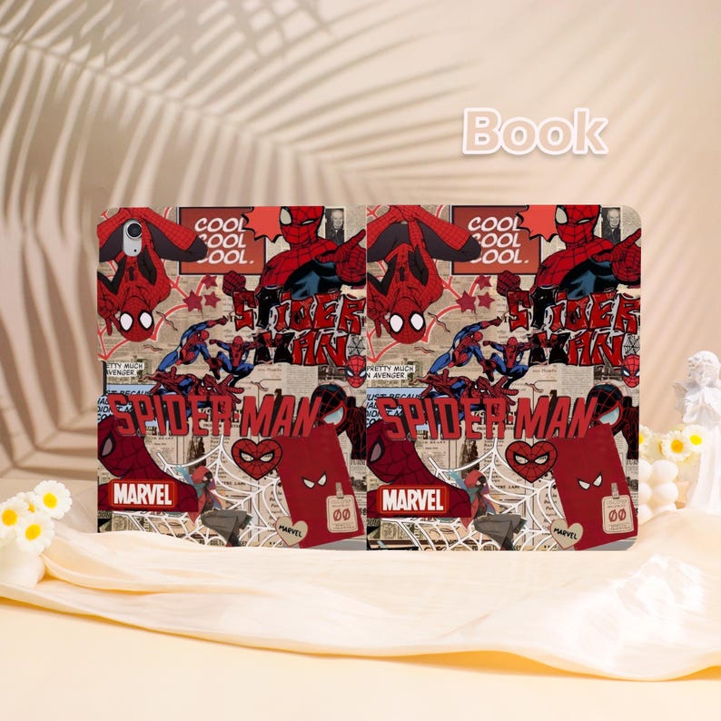 May include: A book featuring a collage of Spider-Man comic book art. The design includes images of Spider-Man in various poses, the words "SPIDER-MAN" and "MARVEL", and the text "COOL". The background has a newspaper-like texture.