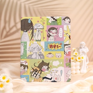 May include: A colorful tablet case featuring a manga-style comic strip design. The case has a grid of panels with various characters and Japanese text. The dominant colors are yellow, pink, green, and white, creating a vibrant and playful aesthetic.