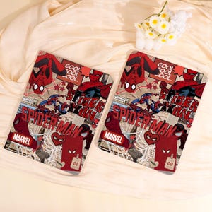 May include: Two rectangular Spider-Man themed cases. The cases feature a collage design with Spider-Man illustrations, comic book style text, and the Marvel logo. The color scheme includes red, black, and beige.