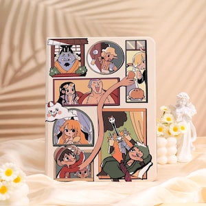 May include: A white tablet case featuring a colorful cartoon collage. The collage includes various characters in different scenes, with a long arm reaching across the design. The artwork has a distinct anime style.