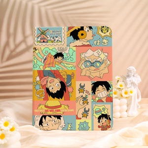 May include: A vibrant tablet case with cartoon illustrations. The design incorporates the text "Foosha Village" and "Together We Will Find Everything". The case is divided into a grid of panels, each showcasing a different character or scene.