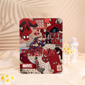 May include: A rectangular Spider-Man themed case featuring comic book style graphics. The design includes images of Spider-Man in various poses, the Marvel logo, and the words "COOL" and "SPIDER-MAN". The case has a collage-like appearance with a red and white color scheme.