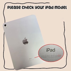 May include: A silver iPad with the Apple logo is shown. The text "Please Check your iPad Model" is at the top. A close-up of the iPad's model information is circled, with the text "iPad" and details about the design and assembly.