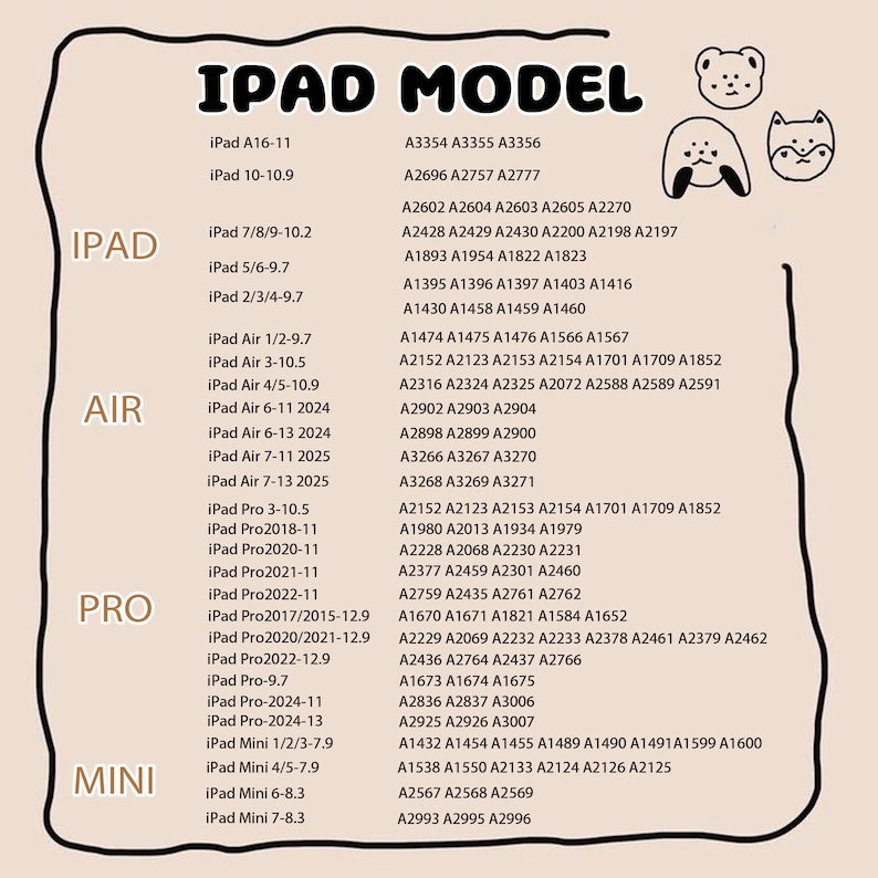 May include: A list of iPad models and their associated model numbers, presented on a light beige background. The text is black. Includes illustrations of a bear, bunny, and fox.