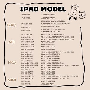 May include: A chart listing iPad models and corresponding model numbers. The text is in black against a light beige background. Illustrations of a bear, bunny, and fox are in the upper right corner.