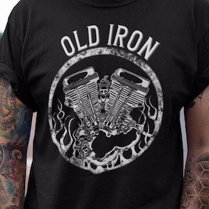 Classic Panhead V-Twin Engine t-shirt design with Harley Motor and flames for oldschool chopper biker