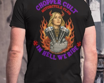 Chopper Cult T-Shirt, Vintage Biker Tee with Devil & Harley Knucklehead Engine – In Hell We Ride, Motorcycle Shirt, Tattoo Style