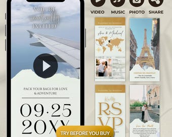 Passport Wedding Invitation Suite Electronic Template, Animated Destination Wedding Invite Set, Editable Canva RSVP, Wedding Video, Travel