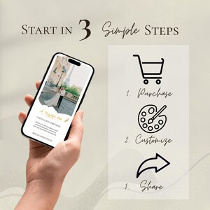 Puede incluir: Una mano sosteniendo un tel&eacute;fono inteligente que muestra una foto de boda. La imagen incluye las palabras "Start in 3 Simple Steps" e iconos para comprar, personalizar y compartir.