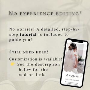 Puede incluir: Gr&aacute;fico digital con texto que dice "&iquest;Sin experiencia en edici&oacute;n?" y "&iexcl;No te preocupes! &iexcl;Se incluye un tutorial detallado paso a paso para guiarte!" Un tel&eacute;fono inteligente muestra una novia con un vestido de novia.