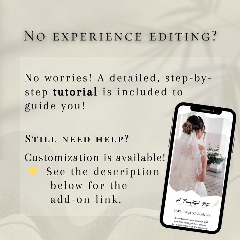 Puede incluir: Gr&aacute;fico digital con texto que dice "&iquest;Sin experiencia en edici&oacute;n?" y "&iexcl;No te preocupes! &iexcl;Se incluye un tutorial detallado paso a paso para guiarte!" Un tel&eacute;fono inteligente muestra una novia con un vestido de novia.