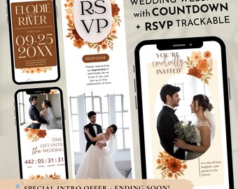 Invitación de boda en terracota para sitio web, confirmación de asistencia en línea, invitación bohemia de otoño, seguimiento de confirmaciones de asistencia, boda en naranja quemado, estilo rústico (descarga digital)