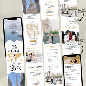 Puede incluir: Dise&ntilde;o de invitaci&oacute;n de boda digital con un mapa del mundo, la Torre Eiffel y detalles de RSVP. La invitaci&oacute;n incluye un temporizador de cuenta regresiva y un formulario RSVP personalizable. El dise&ntilde;o utiliza colores dorados y blancos.