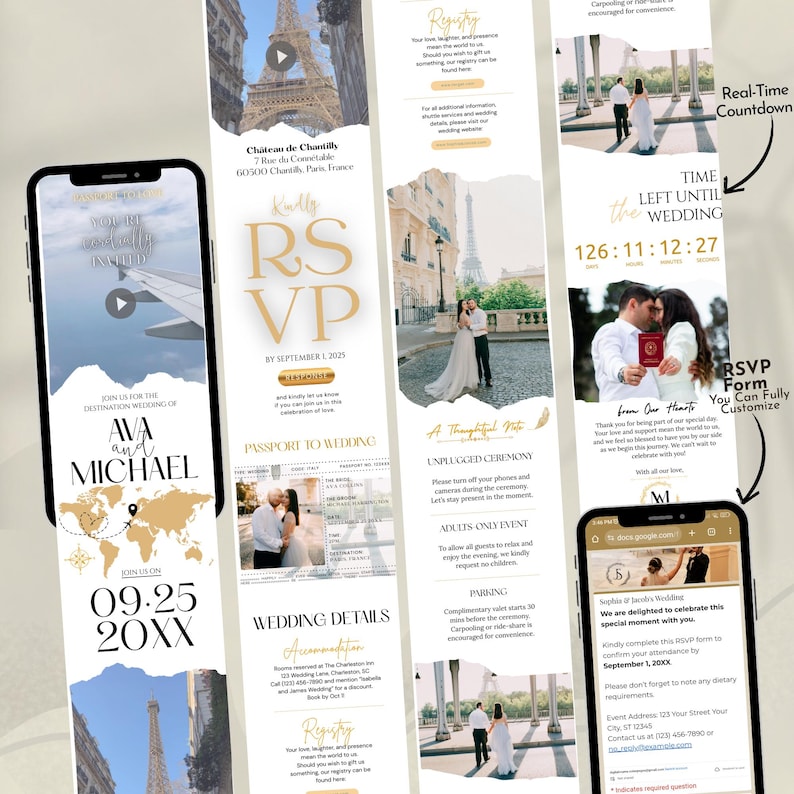 Puede incluir: Dise&ntilde;o de invitaci&oacute;n de boda digital con un mapa del mundo, la Torre Eiffel y detalles de RSVP. La invitaci&oacute;n incluye un temporizador de cuenta regresiva y un formulario RSVP personalizable. El dise&ntilde;o utiliza colores dorados y blancos.