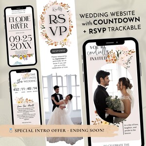 May include: Wedding website design displayed on smartphones. The design includes RSVP information, a countdown timer, and wedding details. The text includes "Elodie and River", "RSVP", and "You're Cordially Invited". The design features floral accents and images of a couple.