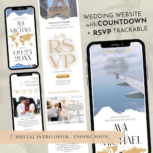Puede incluir: Dise&ntilde;o de invitaci&oacute;n de boda digital que se muestra en tel&eacute;fonos inteligentes. El dise&ntilde;o incluye los nombres "Ava y Michael", un mapa del mundo, la fecha, informaci&oacute;n de RSVP y un temporizador de cuenta regresiva. El tema es una boda de destino.