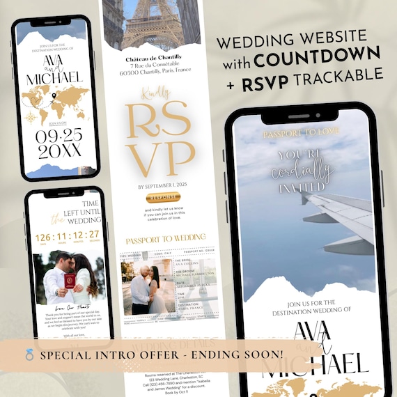 Passport Wedding Website Invitation: Digital RSVP, Online Invite (DIY Canva Template), Boarding pass invite