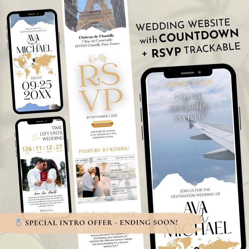 Puede incluir: Dise&ntilde;o de invitaci&oacute;n de boda digital que se muestra en tel&eacute;fonos inteligentes. El dise&ntilde;o incluye los nombres "Ava y Michael", un mapa del mundo, la fecha, informaci&oacute;n de RSVP y un temporizador de cuenta regresiva. El tema es una boda de destino.
