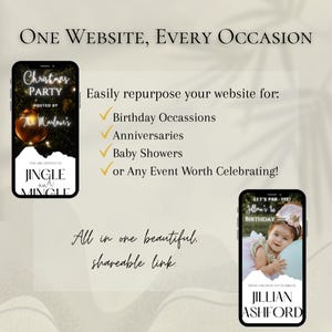 Puede incluir: Una imagen promocional con el texto "ONE WEBSITE, EVERY OCCASION". Muestra dos tel&eacute;fonos inteligentes que muestran invitaciones a eventos. El texto destaca la reutilizaci&oacute;n de sitios web para cumplea&ntilde;os, aniversarios, baby showers y otras celebraciones.