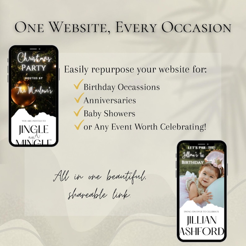 Puede incluir: Una imagen promocional con el texto "ONE WEBSITE, EVERY OCCASION". Muestra dos tel&eacute;fonos inteligentes que muestran invitaciones a eventos. El texto destaca la reutilizaci&oacute;n de sitios web para cumplea&ntilde;os, aniversarios, baby showers y otras celebraciones.