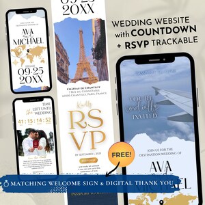 Passport wedding website invite with online RSVP, editable Canva template, travel, countdown timer, Boarding pass, destination, wedding suit