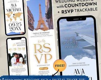 Invitación de boda con diseño de pasaporte y confirmación de asistencia en línea, plantilla editable de Canva, viajes, temporizador de cuenta regresiva, tarjeta de embarque, destino, traje de boda