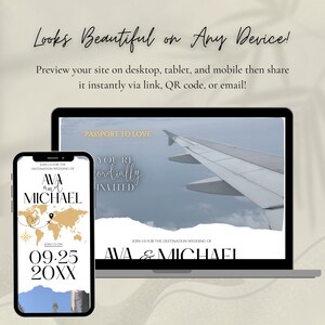 Puede incluir: Un smartphone y un port&aacute;til muestran un dise&ntilde;o de invitaci&oacute;n de boda. La invitaci&oacute;n presenta un mapa del mundo, los nombres "AVA y MICHAEL" y la fecha "09.25.20XX". La pantalla del port&aacute;til muestra un ala de avi&oacute;n contra un cielo nublado, con el texto "PASSPORT TO LOVE".