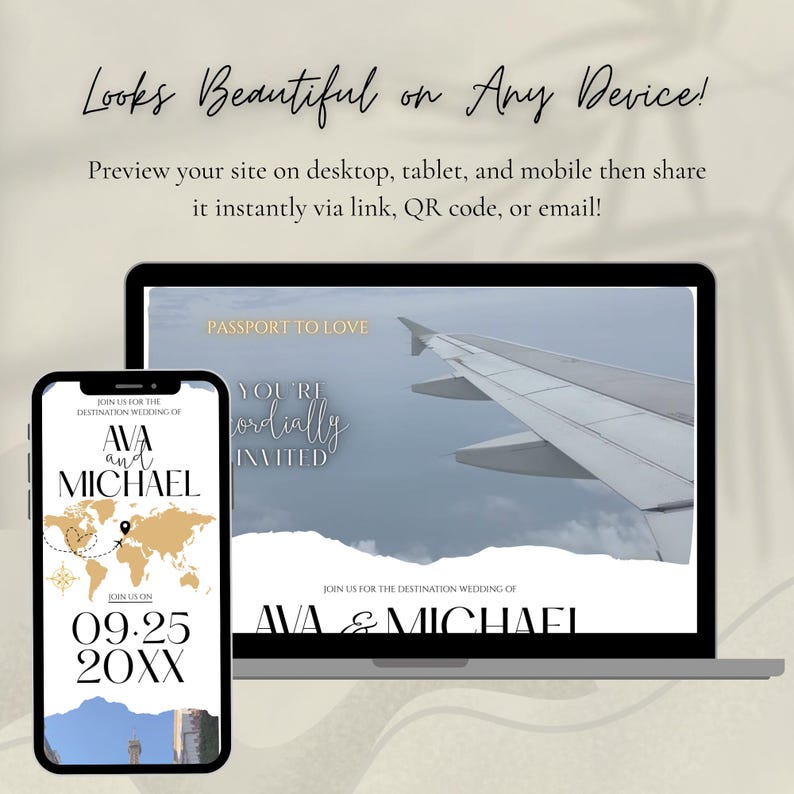 Puede incluir: Un smartphone y un port&aacute;til muestran un dise&ntilde;o de invitaci&oacute;n de boda. La invitaci&oacute;n presenta un mapa del mundo, los nombres "AVA y MICHAEL" y la fecha "09.25.20XX". La pantalla del port&aacute;til muestra un ala de avi&oacute;n contra un cielo nublado, con el texto "PASSPORT TO LOVE".