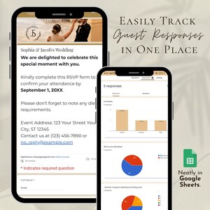 Puede incluir: Dos smartphones que muestran un formulario de respuesta de boda y datos de respuesta. El texto dice "Sophia & Jacob's Wedding" y "Realice un seguimiento f&aacute;cil de las respuestas de los invitados en un solo lugar." Gr&aacute;ficos ilustran la asistencia y las respuestas de los invitados.