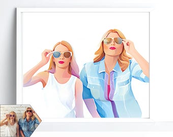 May include: Two women wearing sunglasses, one with blonde hair and a blue shirt, the other with brown hair and a white tank top.