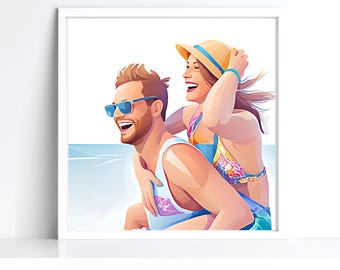 Op de afbeelding: Een stel lacht en heeft plezier op het strand. De vrouw draagt een strohoed en een kleurrijk bikini-topje. De man draagt een zonnebril en een wit tanktop. Ze lachen allebei en genieten van het zomerse weer.