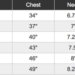 May include: A size chart for clothing, with measurements in inches. The chart includes sizes XS to 2XL, with corresponding body length, chest, neck, and sleeve length measurements. The chart is on a white background.