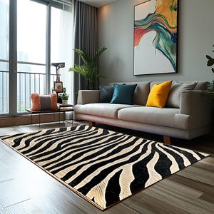 Könnte beinhalten: Ein schwarz-weißer Zebra-Teppich mit beigefarbenem Hintergrund. Der Teppich liegt in einem Wohnzimmer mit einem hellgrauen Sofa und einem großen abstrakten Gemälde an der Wand.