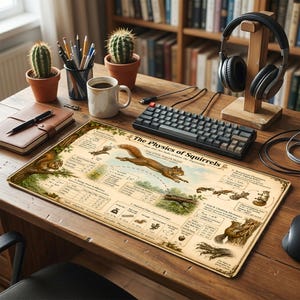 May include: A rectangular desk mat featuring a vintage-style educational print titled The Physics of Squirrels. The design includes detailed illustrations of squirrels in motion, scientific diagrams, mathematical formulas, and text explaining squirrel mechanics.