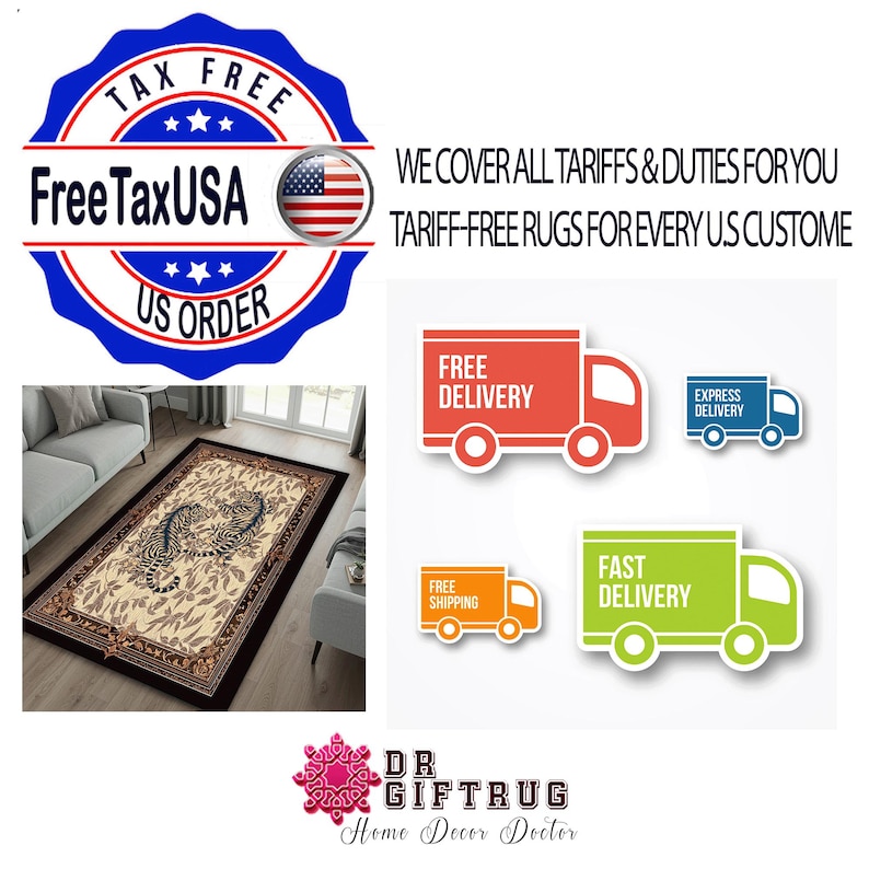 Peut inclure: Un tapis rectangulaire pr&eacute;sentant un centre de couleur cr&egrave;me avec un motif r&eacute;p&eacute;titif de deux tigres entour&eacute;s de feuillage, entour&eacute; d'une bordure marron fonc&eacute; avec des motifs d&eacute;coratifs complexes. Le tapis est pos&eacute; sur un sol en bois.