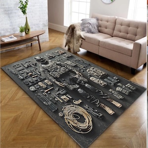 Military Equipment Rug: Exploded View, Non-Slip Kids Play Mat