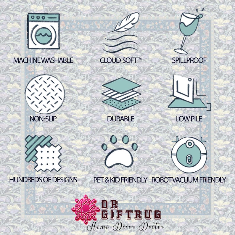 Peut inclure: Une infographie pr&eacute;sentant neuf ic&ocirc;nes illustrant les caract&eacute;ristiques du produit : lavable en machine, doux comme un nuage, anti-taches, antid&eacute;rapant, durable, poils ras, centaines de designs, adapt&eacute; aux animaux et enfants, compatible aspirateur robot.